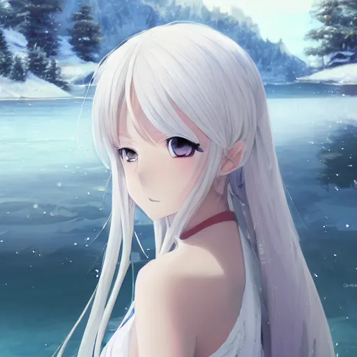 Image similar to a very beautiful anime girl, full body, long silver hair, sky blue eyes, full round face, short smile, casual clothes, ice snowy lake setting, cinematic lightning, medium shot, mid-shot, highly detailed, trending on Artstation, Unreal Engine 4k, cinematic wallpaper by Stanley Artgerm Lau, WLOP, Rossdraws, James Jean, Andrei Riabovitchev, Marc Simonetti, and Sakimichan