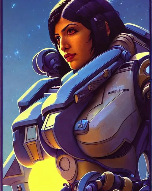 Image similar to pharah from overwatch, battletech, character portrait, portrait, close up, concept art, intricate details, highly detailed, vintage sci - fi poster, retro future, vintage sci - fi art, in the style of chris foss, rodger dean, moebius, michael whelan, and gustave dore