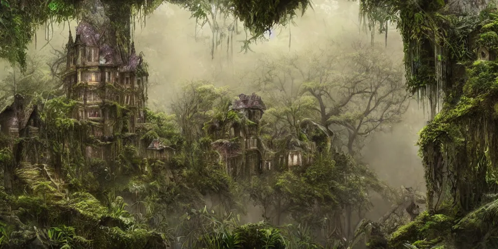 Image similar to a castle hidden in the jungle, overgrown with trees, misty, whimsical, fantasy art style, highly detailed, 4 k