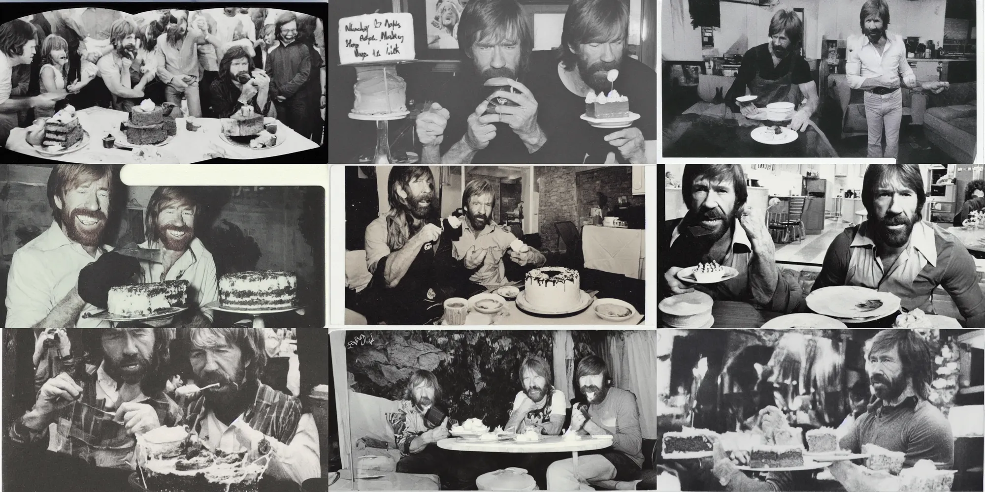 Prompt: a polaroid from 1971 of chuck norris eating cake.