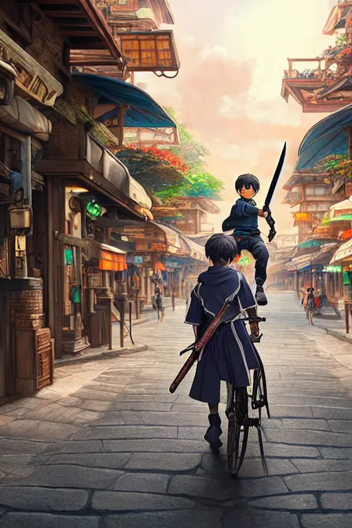 Image similar to ultra detailed keyart of sci - fy movie, a boy carrying a sword in his back is riding a simple bycycle in the main street of isekai shinjuku