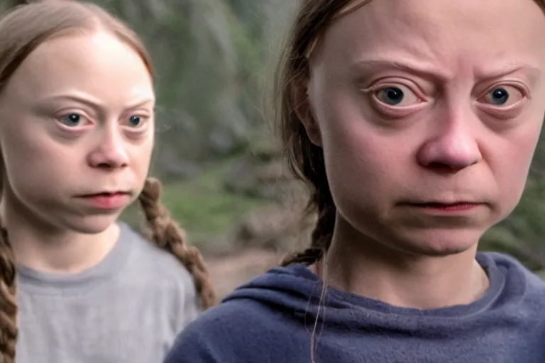 Prompt: greta thunberg as gollum, holding the ring, still shot from the new lord of the rings movie