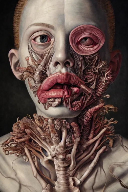 Prompt: Detailed maximalist portrait with large lips and eyes, scared expression, botanical anatomy, skeletal with extra flesh, HD mixed media, 3D collage, highly detailed and intricate, surreal illustration in the style of Jenny Saville, dark art, baroque, centred in image, rendered in octane