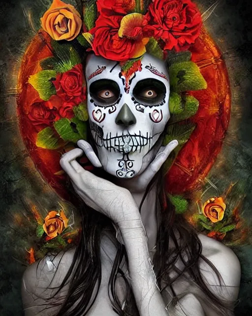 Image similar to dia de los muertos theme surrealist art in the styles of igor morski, jim warren, and a tim burton film, intricate, hyperrealistic, accurate facial details, profile picture with chromakey!!!!! background, volumetric lighting