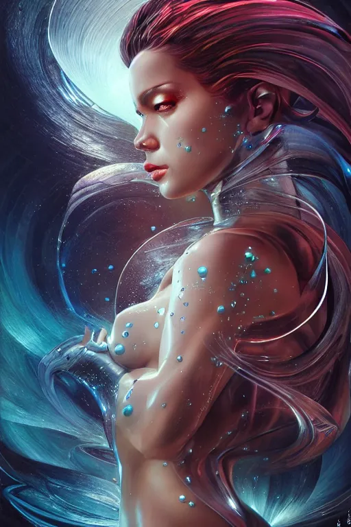 Image similar to a centered profile render of an alluring futuristic goddess with slight cyborg modifications surrounded by a underwater ink pour and flowing liquid gallium and sacred geometry, perfect body and face, powerful, cinematic, beautifully lit, by artgerm, by karol bak, 3 d, trending on artstation, octane render, 8 k