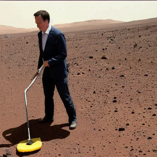 Image similar to mark rutte cleaning up spilled coffee on mars