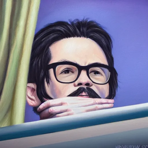 Image similar to An Oil Painting of Rivers Cuomo in a sweater with long hair and a mustache sweating bullets as he looks outside his window in his apartment to see kim jong un's nukes falling onto the city, hyperrealistic, extremely realistic, highly realistic, HD Quality, 4k resolution, 8k resolution, Detailed, Very Detailed, Highly Detailed, Extremely Detailed, Intricate Details, Real, Very Real, Oil Painting, Digital Painting, Painting, Trending on Deviantart, Trending on Artstation