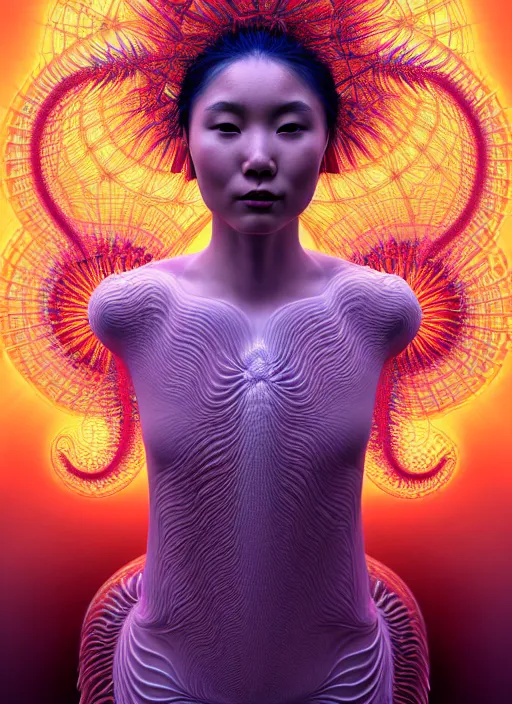 Prompt: ecstatic beautiful young asian woman tripping by irakli nadar, several layers of 3 d coral and light fractals radiating from body with sacred geometry, cosmic, natural, awakening, symmetrical, in the style of ernst haeckel and alex grey, effervescent, warm, photo realistic, epic and cinematic