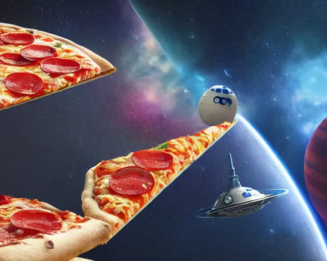 Image similar to a single slice of pizza spaceship in orbit over a single planet space starwars 3 d render starwars clonewars 4 k atmospheric cinematic shot octane render high definition