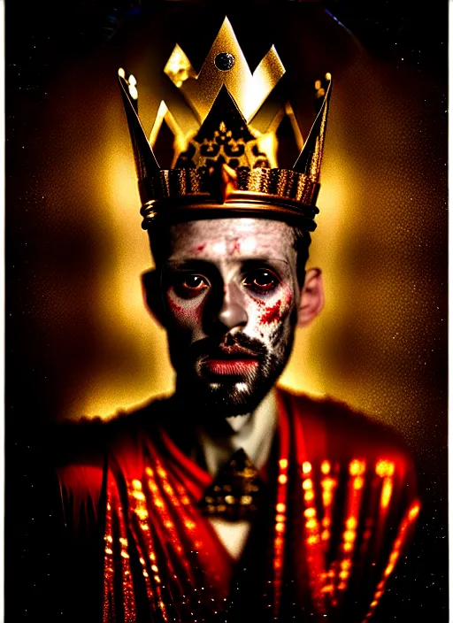 Image similar to 'Portrait of Crowned King Arthur' by Lee Jeffries royally decorated, whirling plasma, atmospheric motes, red and gold Sumptuous garb, gilt silk fabric, radiant colors, fantasy, perfect lighting, studio lit, micro details,