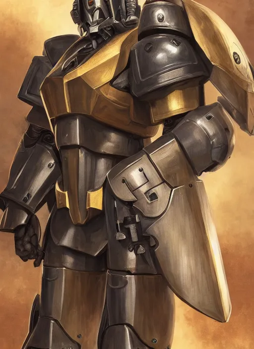 Image similar to medium-length portrait of a male paladin with short curly hair and a salt-and-pepper beard, dark brown skin, wears a suit of power armor, magitech!, gundam, medieval setting, highly detailed, digital painting, artstation, concept art, sharp focus, illustration, art by greg rutkowski and alphonse mucha