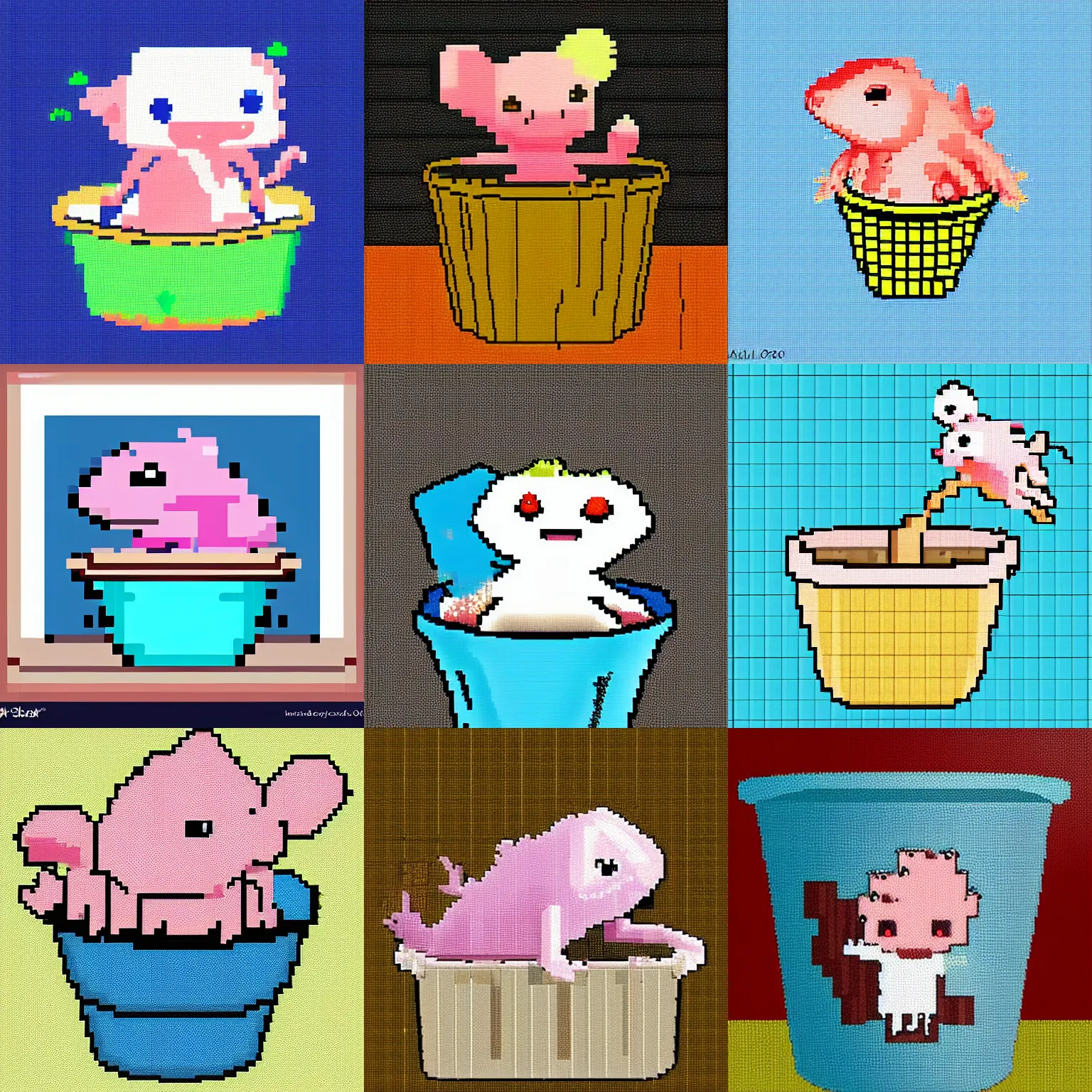 Prompt: axolotl in a bucket, pixel art, award winning, pixilated