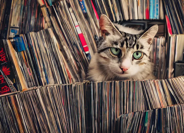 Image similar to photography of a Cat sitting on a pile of books and vinyls. a record player is in the shot. in a room full of vinyls and posters out of the 70's, photorealistic, raining award winning photo, 100mm, sharp, high res