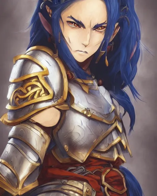 Image similar to An anime portrait of a beautiful D&D half-orc female with long wavy dark blue hair, bright orange eyes, intricate full body armour, fantasy soldier, by Stanley Artgerm Lau, WLOP, Rossdraws, James Jean, Andrei Riabovitchev, Marc Simonetti, and Sakimichan, highly detailed, ultra detailed, golden hour, trending on artstation, cgstudio