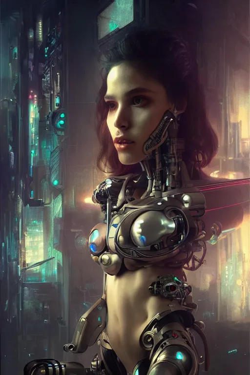 Image similar to ultra realistic, beautiful female cyborg in a crowded smoky cyberpunk club in space megalopolis, sci-fi, intricate details, eerie, highly detailed, octane render, 8k, art by artgerm and alphonse mucha and greg rutkowski