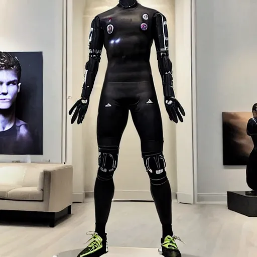 Image similar to a realistic detailed photo of a guy who is an attractive humanoid who is half robot and half humanoid, who is a male android, soccer player martin ødegaard, shiny skin, posing like a statue, blank stare, in a living room, on display, showing off his muscles