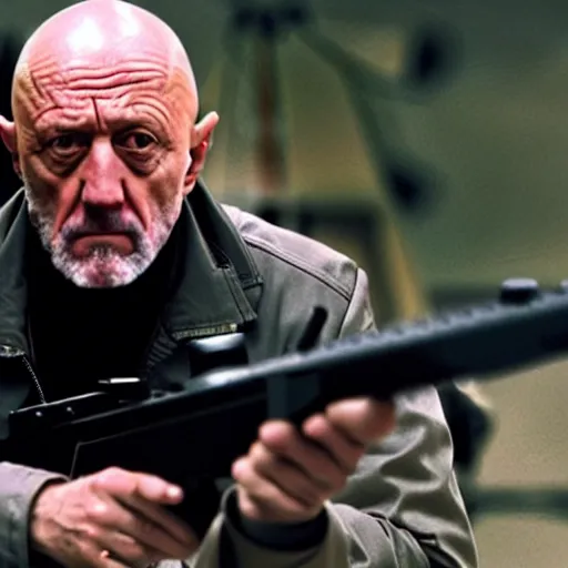 Image similar to Film Still of Mike Ehrmantraut aiming a sniper rifle in a new Breaking bad movie, 8k, highly detailed, centered