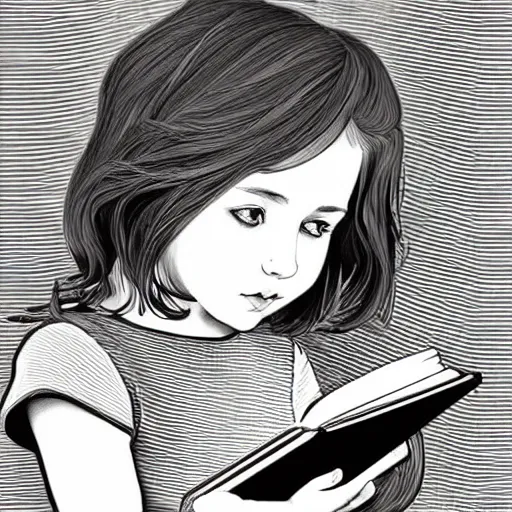 Image similar to clean simple line art of a little girl with short wavy curly light brown hair and blue eyes, reading a book. no background. well composed, clean, black and white, beautiful detailed face line art by ilya kuvshinov and alphonse mucha