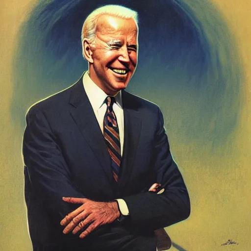 Image similar to terrifying joe biden creating the universe ab nihilio, perfectly clear face, by j. c. leyendecker and beksinski