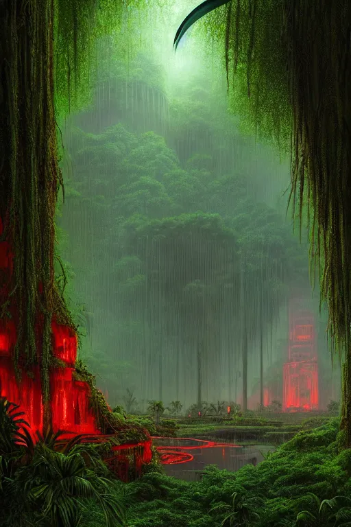 Image similar to a swampy tropical forest with red lightning bugs flying around a ancient mayan ruin designed by zaha hadid, tone mapped, shiny, intricate, cinematic lighting, highly detailed, digital painting, artstation, concept art, smooth, sharp focus, illustration, art by arthur haas and bruce pennington and john schoenherr