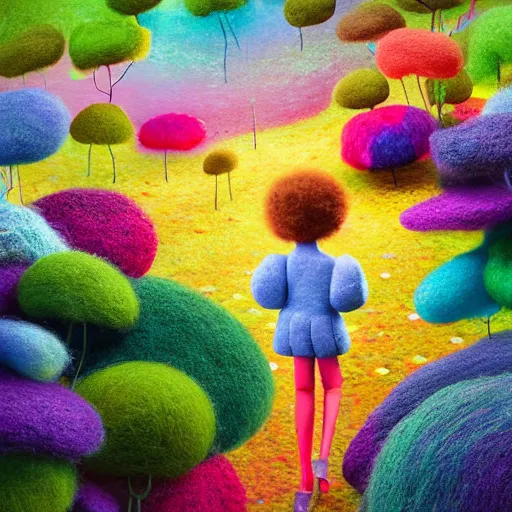 Image similar to a black girl with a colorful afro in a candy forest! at night, bokeh, bright colours, watercolor, volumetric wool felting, macro photography, children illustration, by goro fujita