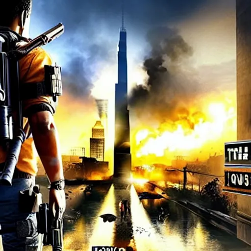 Image similar to the division 2 poster set in an apocalyptic los angeles, agent standing with a gun in the foreground, cinematic, 4 k