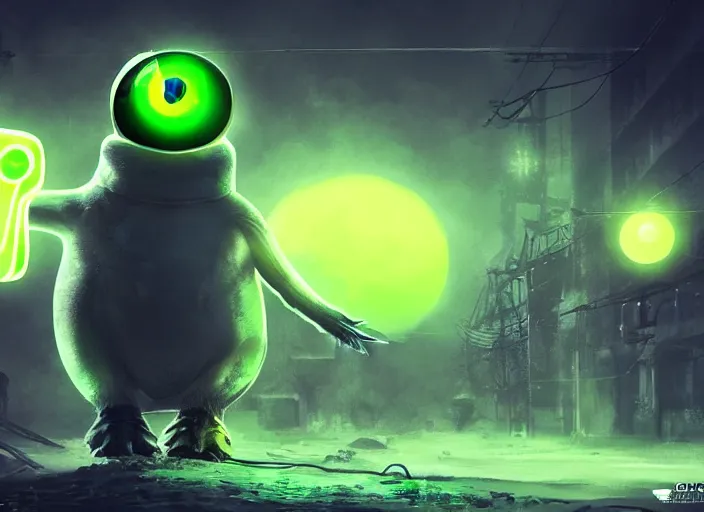 Image similar to cyber penguin fallout 4, glowing green eyes, humanoid body, claws, horror scene, artgerm, rutkowski, tooth wu, beeple, and intricate