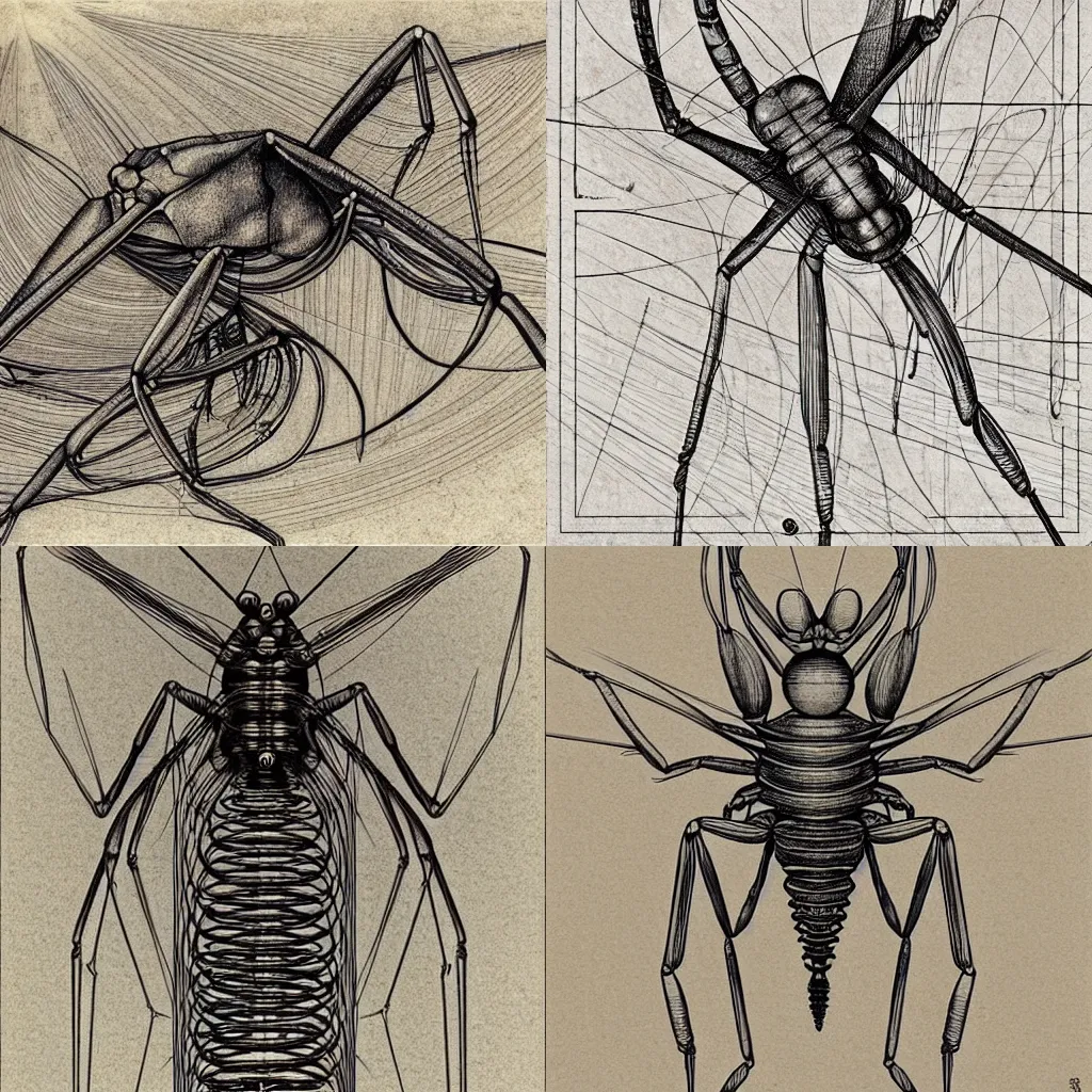 Prompt: a full page cad drawing by leonardo da vinci of a praying mantis, cosmic energy wires, surreal, deconstructed, flat, impossible geometry, ink on paper, scientific, very detailed labeling, measurements, contours, super smooth lines, clean edges, smooth details, 8 k uhd, peter mohrbacher, moebius h 7 6 8