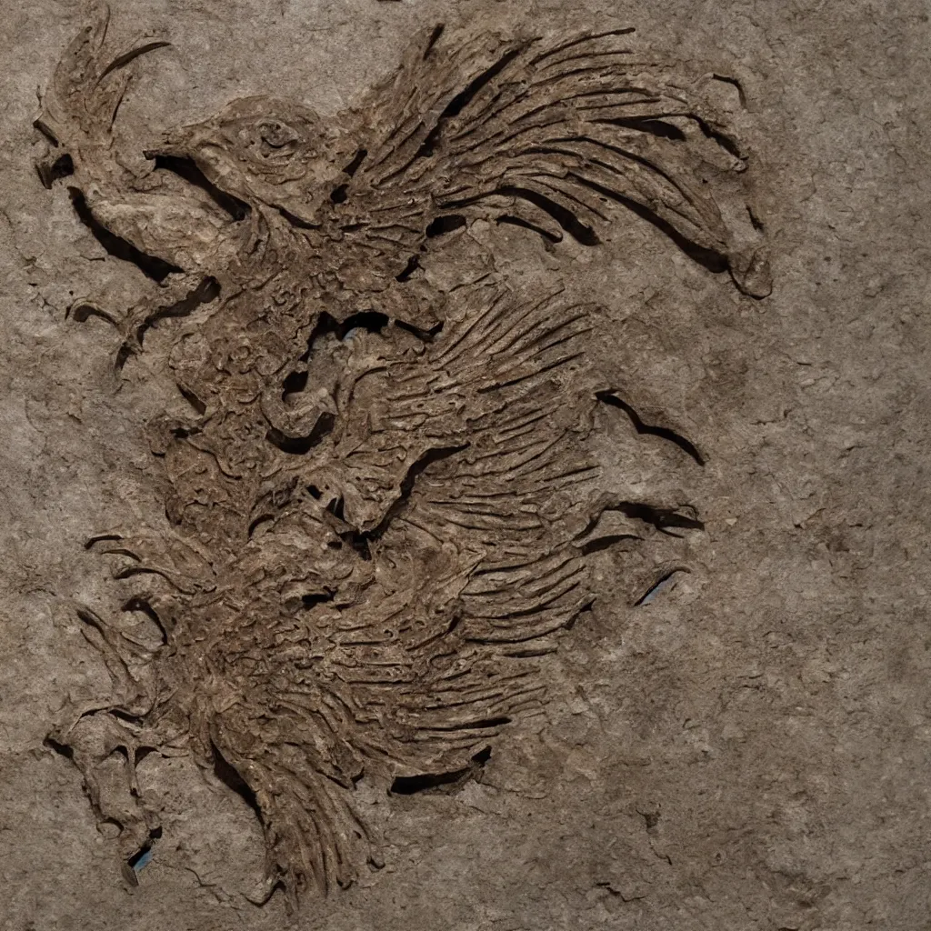 Image similar to a fossilized phoenix, museum photo