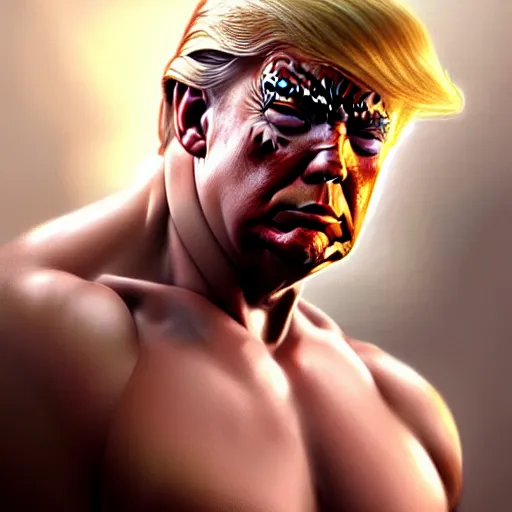 Image similar to president trump, muscular upper body, D&D, fantasy, intricate, elegant, highly detailed, digital painting, artstation, concept art, smooth, sharp focus, illustration, art by artgerm and greg rutkowski and alphonse mucha