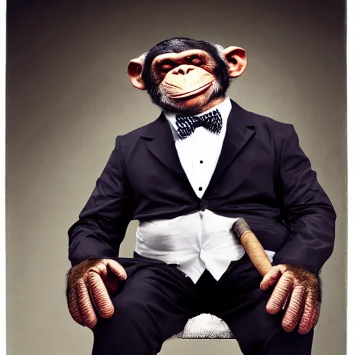 Image similar to A photograph of a chimp godfather, wearing a tuxedo, smoking cigar, dark background, studio lighting