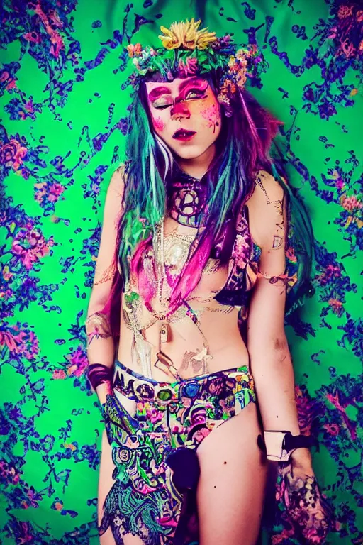 Prompt: floral patterned bohemian boho soft grunge tumblr jet set radio 9 0 s cyber fashion teen outfit, music festival geometric face makeup, fantasy mystical zine photography, full body shot layered clothes, surrounded by mythical beast creatures