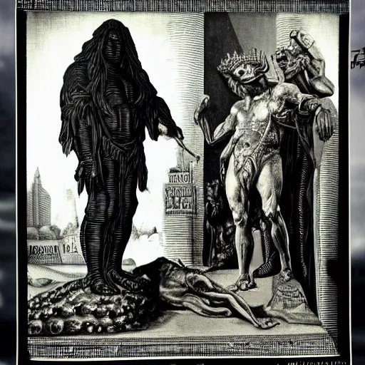 Image similar to The sculpture shows a the large, black-clad figure of the king looming over a small, defenseless figure huddled at his feet. The king's face is hidden in shadow, but his menacing stance and the large, sharp claws on his hands make it clear that he is a dangerous and powerful creature. by Hendrick Goltzius, by Grant Wood, by W. Heath Robinson lush