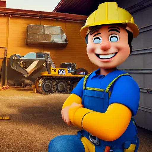 Prompt: bob the builder as a real life human person shot from cinematic, hyper detailed, ultra realistic 4k trending on artstation