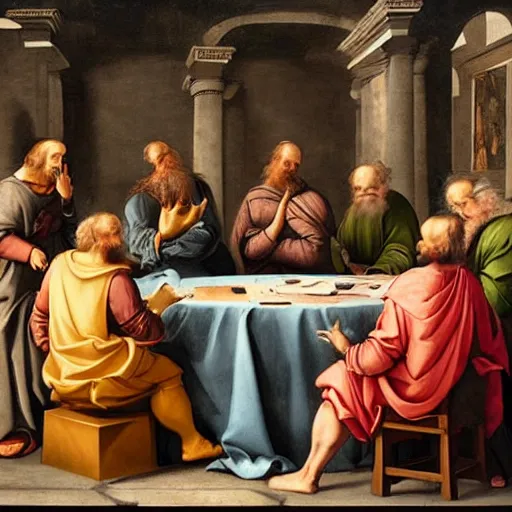 Prompt: renaissance painting of philosophers having a discussion with batman in the middle of a round table, soft colors,