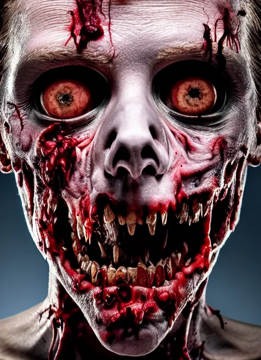 Image similar to zombie hollywood professional acting headshot, hyperrealism, intricate detailed, studio lighting, charming expression gesicht