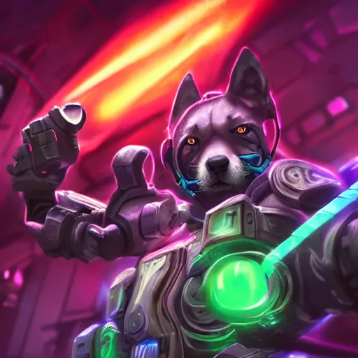 Prompt: neon cybernetic shiba inu warrior as a league of legends character, michael maurino, alex flores, paul kwon, cinematic, highly detailed, concept art, 3 d cgi, dramatic lighting, focus, smooth, heroic, hyper realistic background, in the style of league of legends, lol