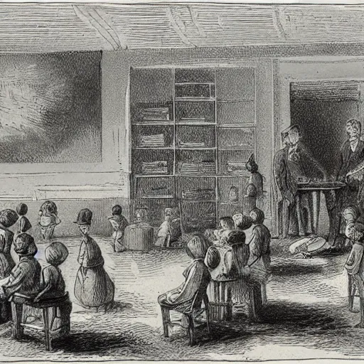 Image similar to an anthill the shape of a school drawn by charles bowater