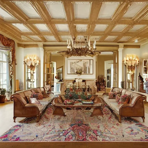 Image similar to photorealistic traditional living room maximalist furnitrue big ceiling