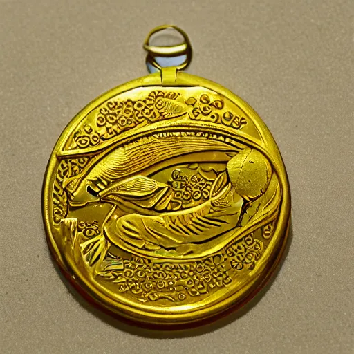 Prompt: Golden coin with koi fish etching on it inside a plastic ziplock bag —H 1024