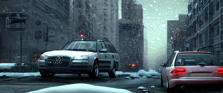 Image similar to Audi A4 B6 Avant (2002), a gritty neo-noir, dramatic lighting, cinematic, eerie person, death, homicide, homicide in the snow, viscera splattered, gunshots, bullet holes, establishing shot, extremely high detail, cracked windows, photorealistic, arson, cinematic lighting, artstation, by simon stalenhag, Max Payne (PC) (2001) winter New York at night, In the style of Max Payne 1 graphic novel, flashing lights, Poets of the Fall - Late Goodbye