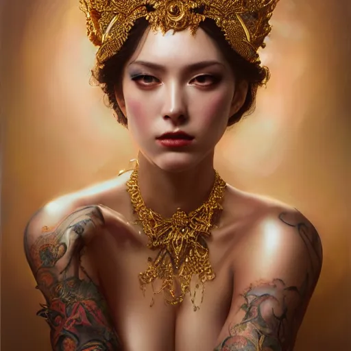 Prompt: expressive oil painting, of alluring european princess, seductive look, smirking, smooth glowing skin, glistening body, love, adoration, sweat, tattoos, ornate headpiece made from beads, glamour shot, by yoshitaka amano, by greg rutkowski, by jeremyg lipkinng, by artgerm, digital art, octane render, grunge aesthetic