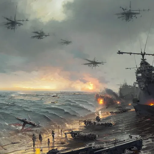 Image similar to a great angle of d - day while all the troops are landing with their boats fighting the germans in a bloody battle by greg rutkowski