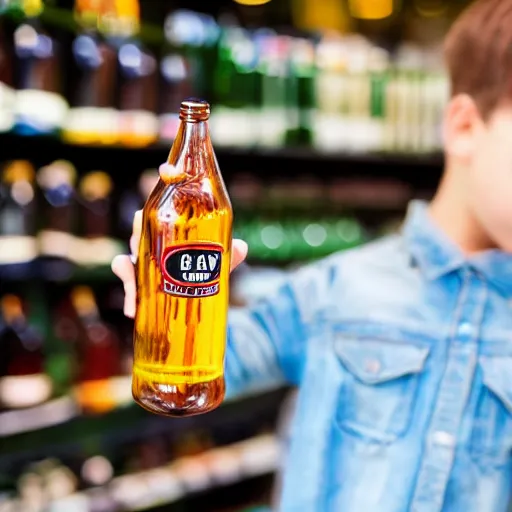 Image similar to boy hold beer bottle in the shop. angry casier refuse to sell.