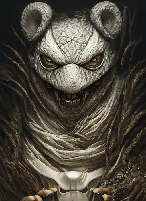 Image similar to pand bear mf doom reptile eyes, white furry skin. intricate, elegant, highly detailed, centered, digital painting, artstation, concept art, smooth, sharp focus, illustration, artgerm, tomasz alen kopera, peter mohrbacher, donato giancola, joseph christian leyendecker, wlop, frank frazetta