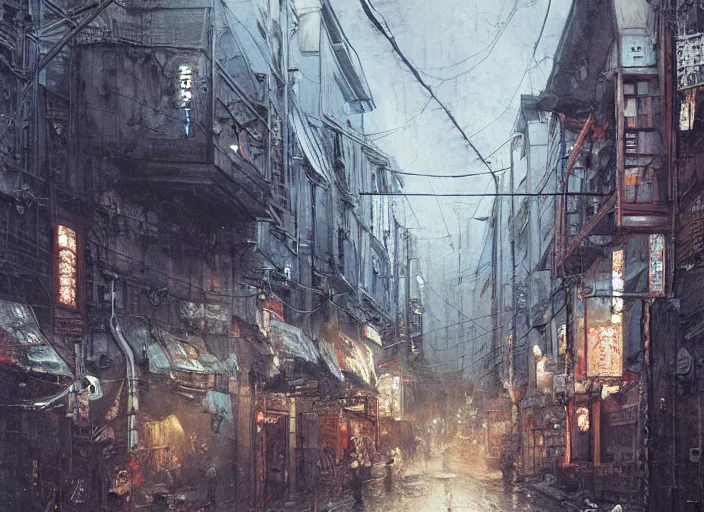 Image similar to street in osaka, jpeg artefacts on canvas, by seb mckinnon and james gurney and greg rutkowski, highly detailed, pov