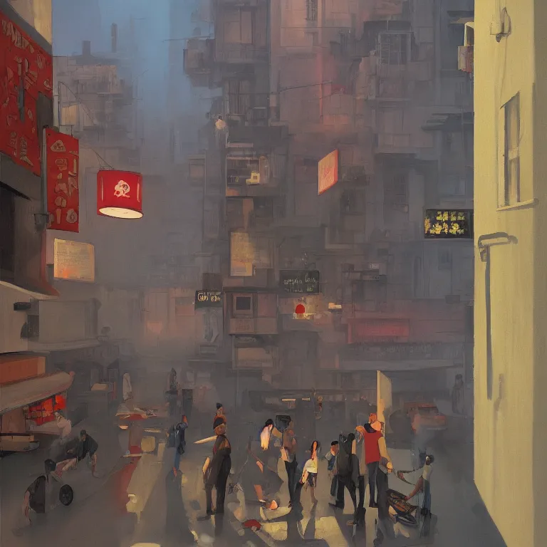 Image similar to honk kong slums in smoke, , painted by Edward Hopper, painted by James Gilleard, airbrush