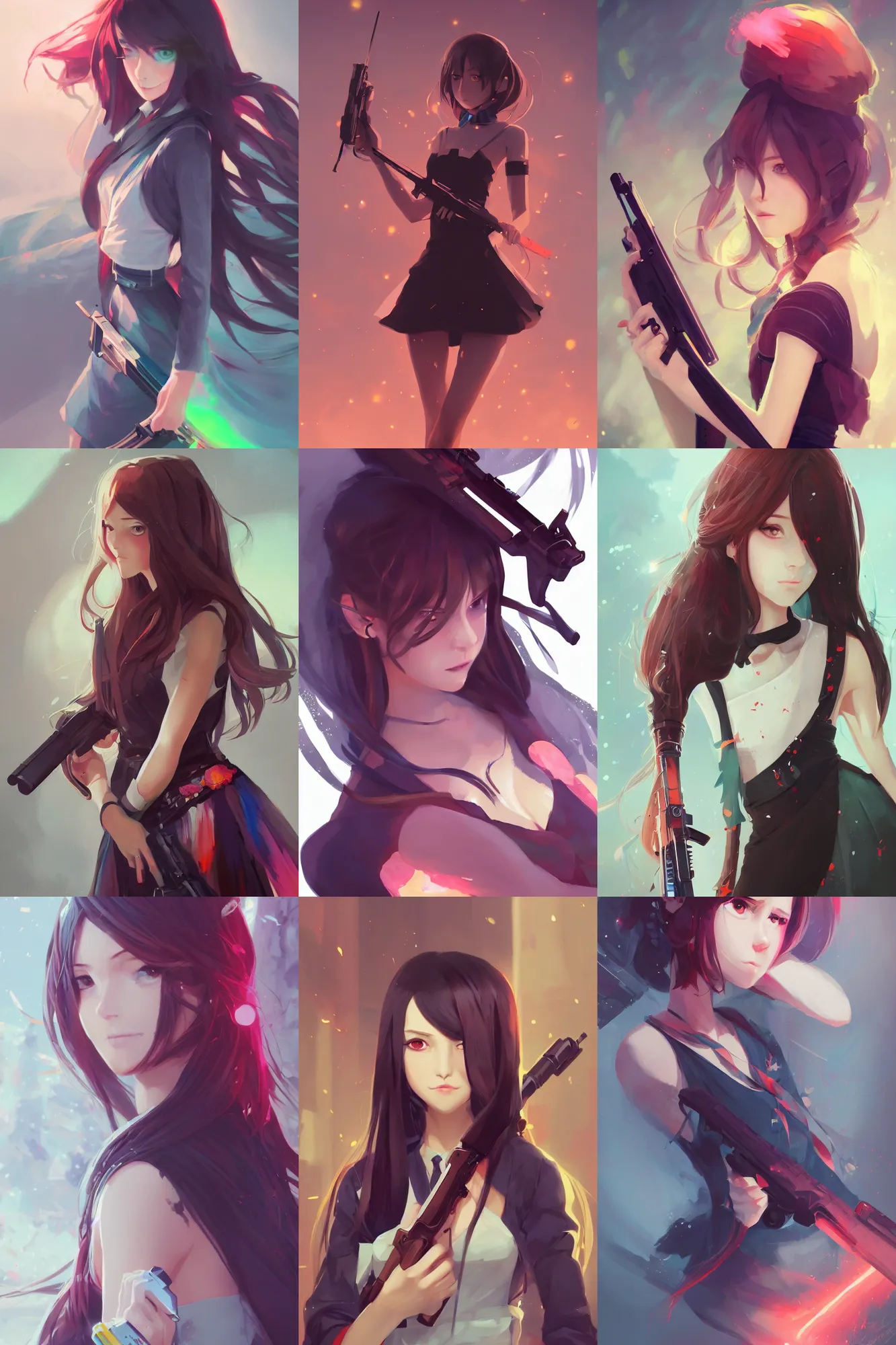 Prompt: portrait girl in elegant dress holding a gun, long straight hair, colourful, pretty face, cute face, intimidating expression, glowing red eyes, anime by greg rutkowski rossdraws makoto shinkai, adobe illustrator, trending on pixiv, behance