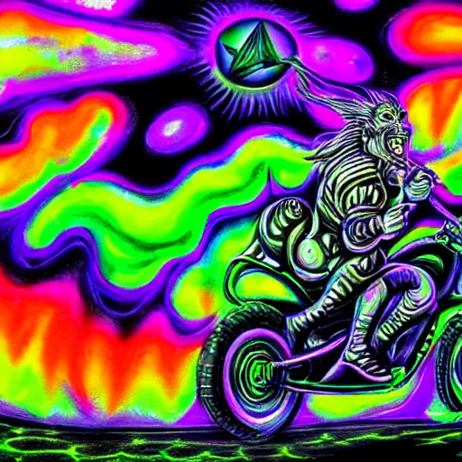 Image similar to psychedelic blacklight airbrush artwork of an orc riding a motorcycle, airbrushed on a black background