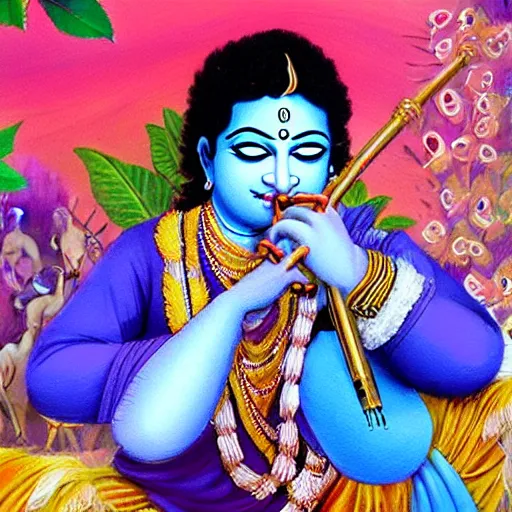 Image similar to Lord Krishna playing flute and all creatures of the world listening his soul full music , dreamy, mediation, magical effect, artstation, clear clean face, full body ,hyperreal, hyperdetailed